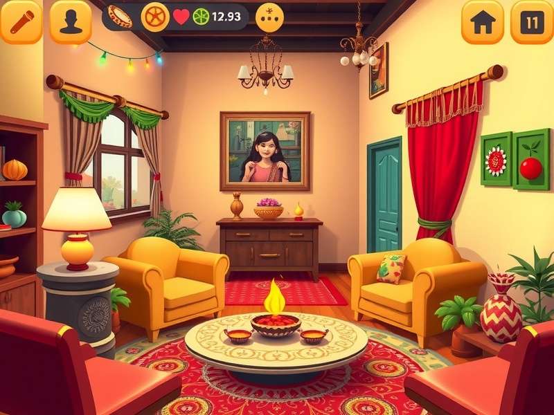 Cozy Indian Home game screenshot showing a colorful Indian home interior